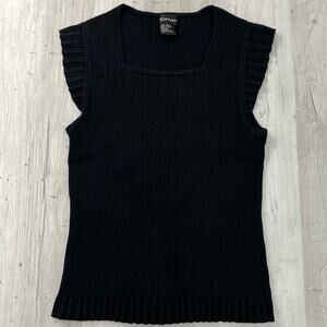 City Silk Back Short Ruffle Sleeve Ribbed Square Neck Knit Shirt Blouse Medium